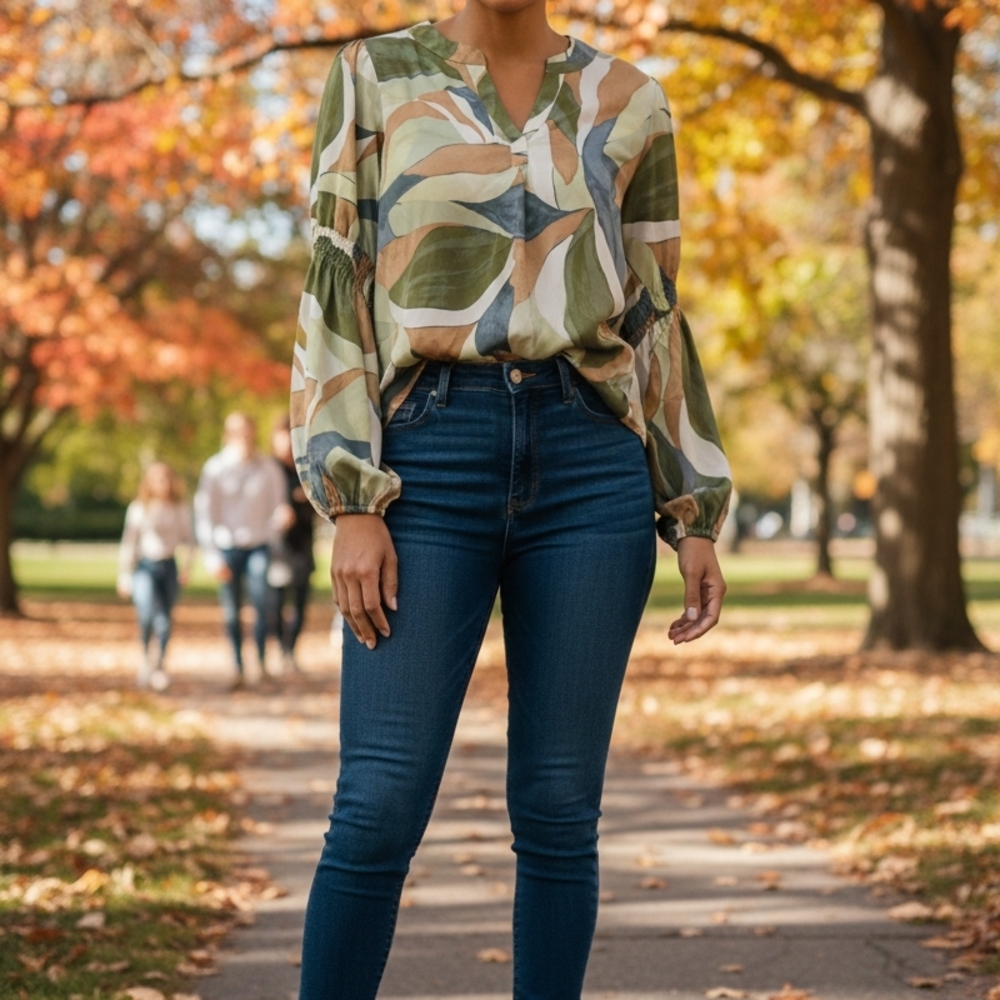 XL.  Leaf Print Blouse with Dark Blue Jeans